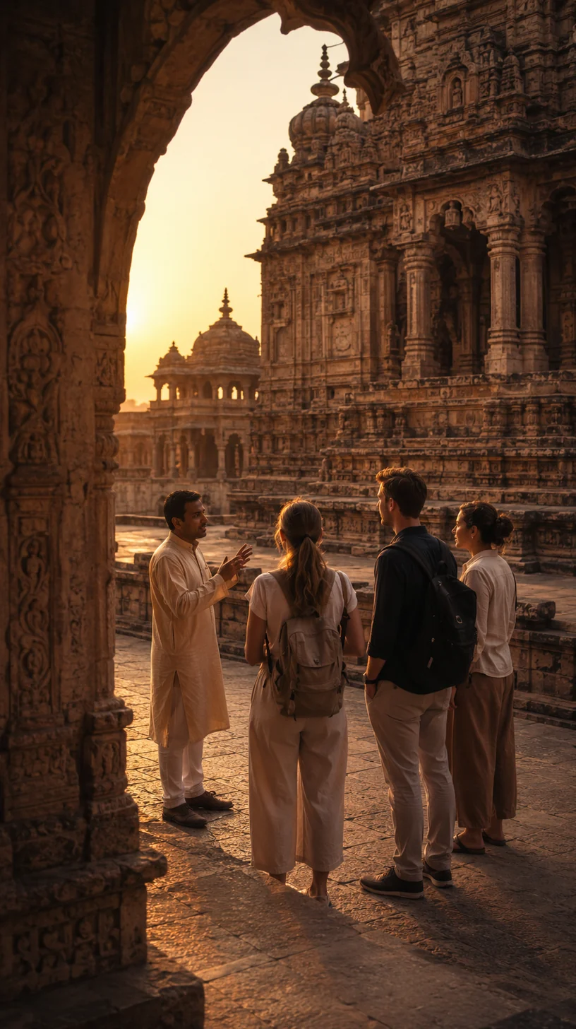 Illustrated temple courtyard with saffron light, indigo shadows and old gold details