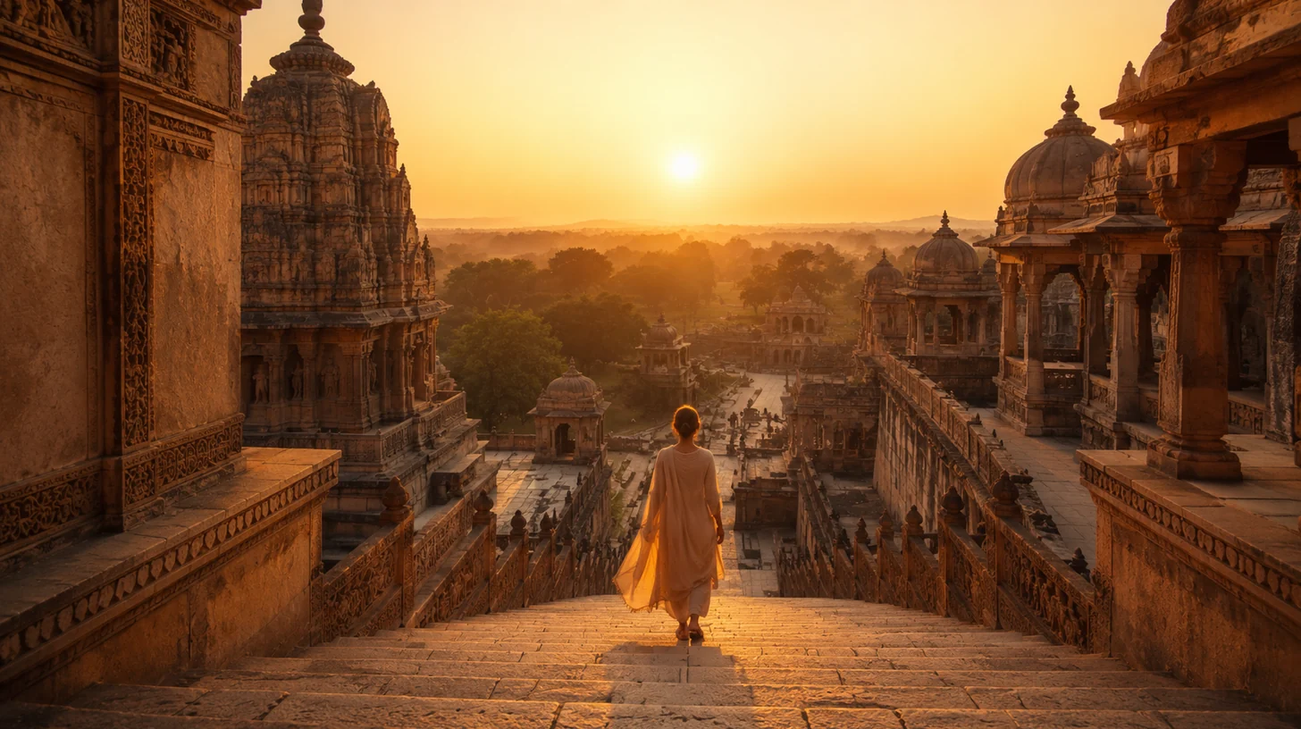 Temple steps at sunrise in saffron and old gold tones