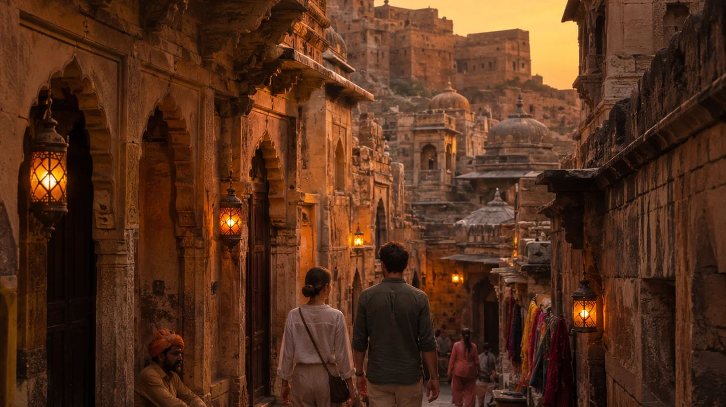 Slow walk through an indigo old city with arches and lanterns