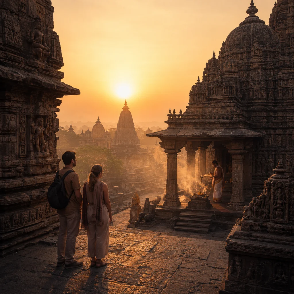 Saffron sunrise over a temple complex for a cultural tour